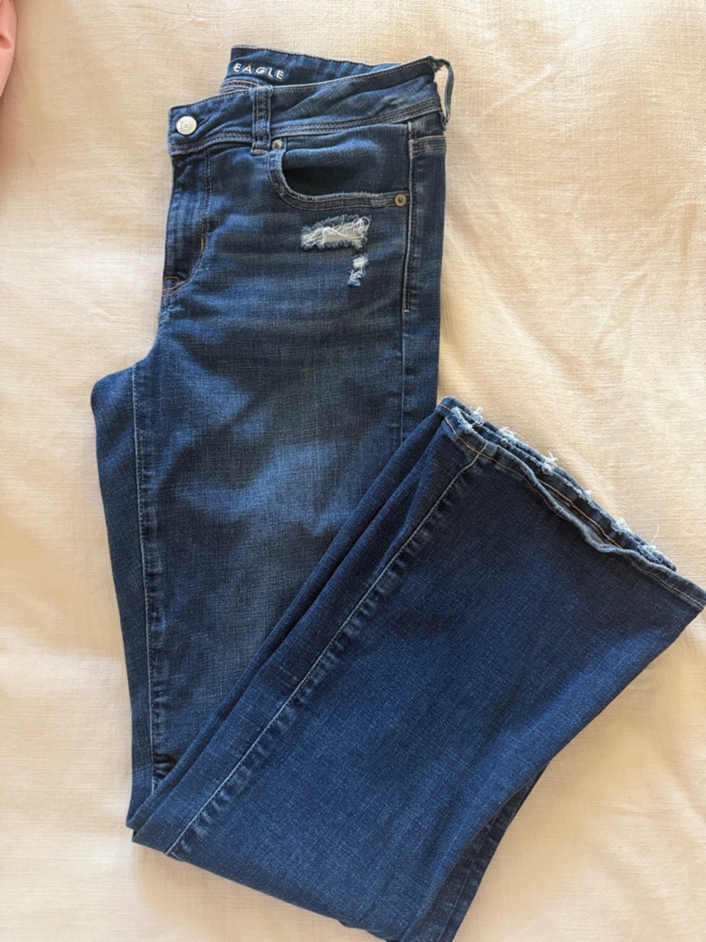 American Eagle Outfitters Dark Blue Bootcut Jeans with Distressed Detail